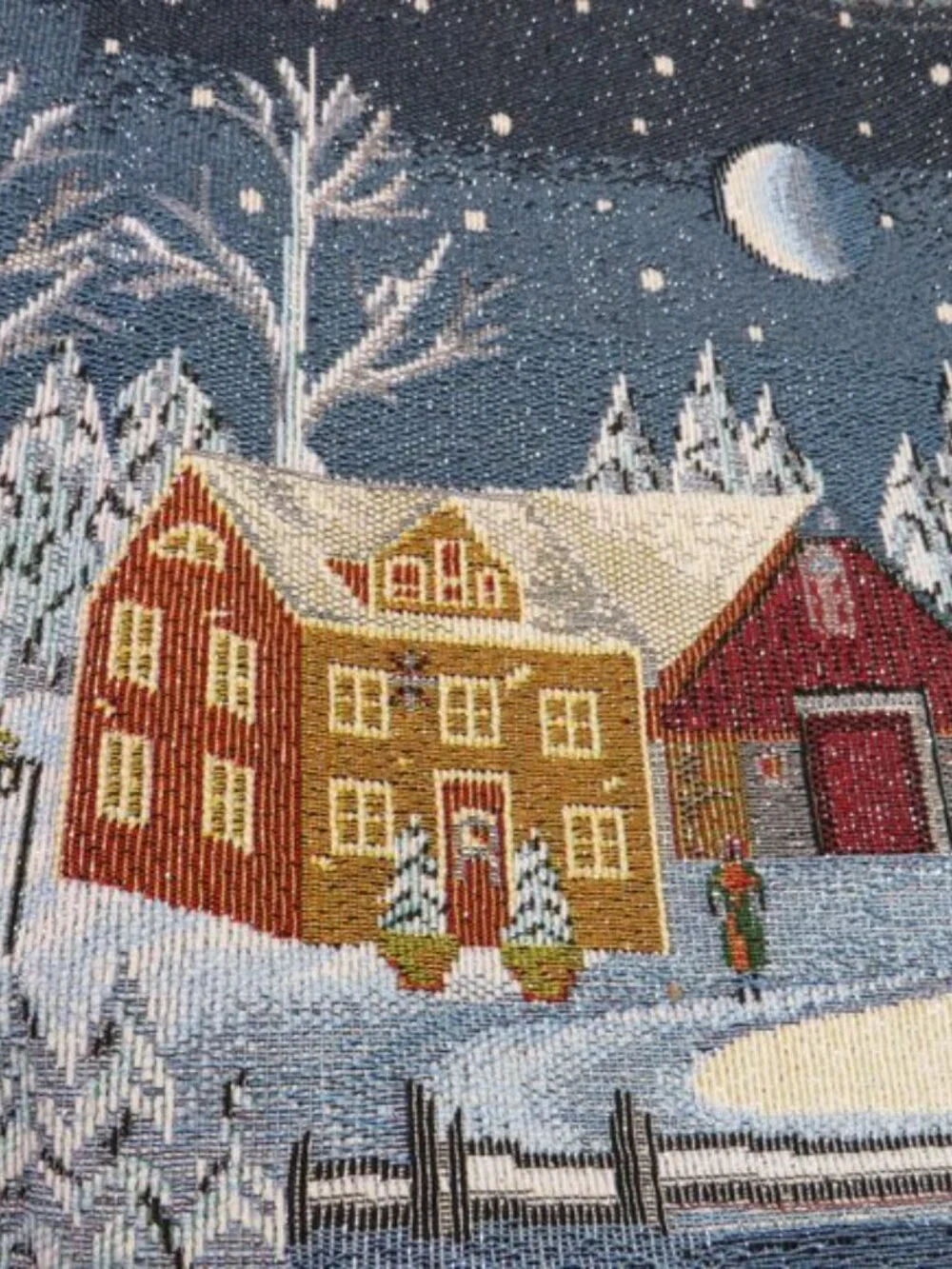Winter Sleigh Ride Tapestry Table Runner Moonlit Snowy Village, Sparkle Accent